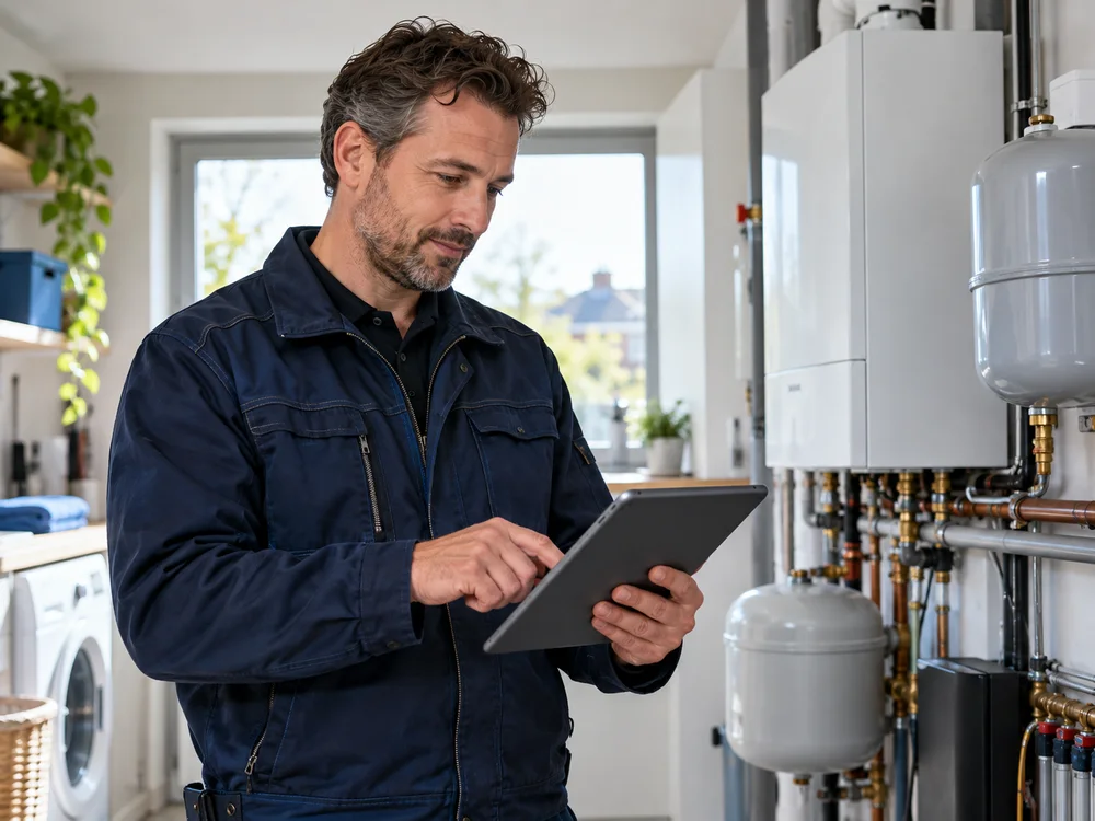 Installateur bekijkt de onderhoudsplanning op zijn tablet
